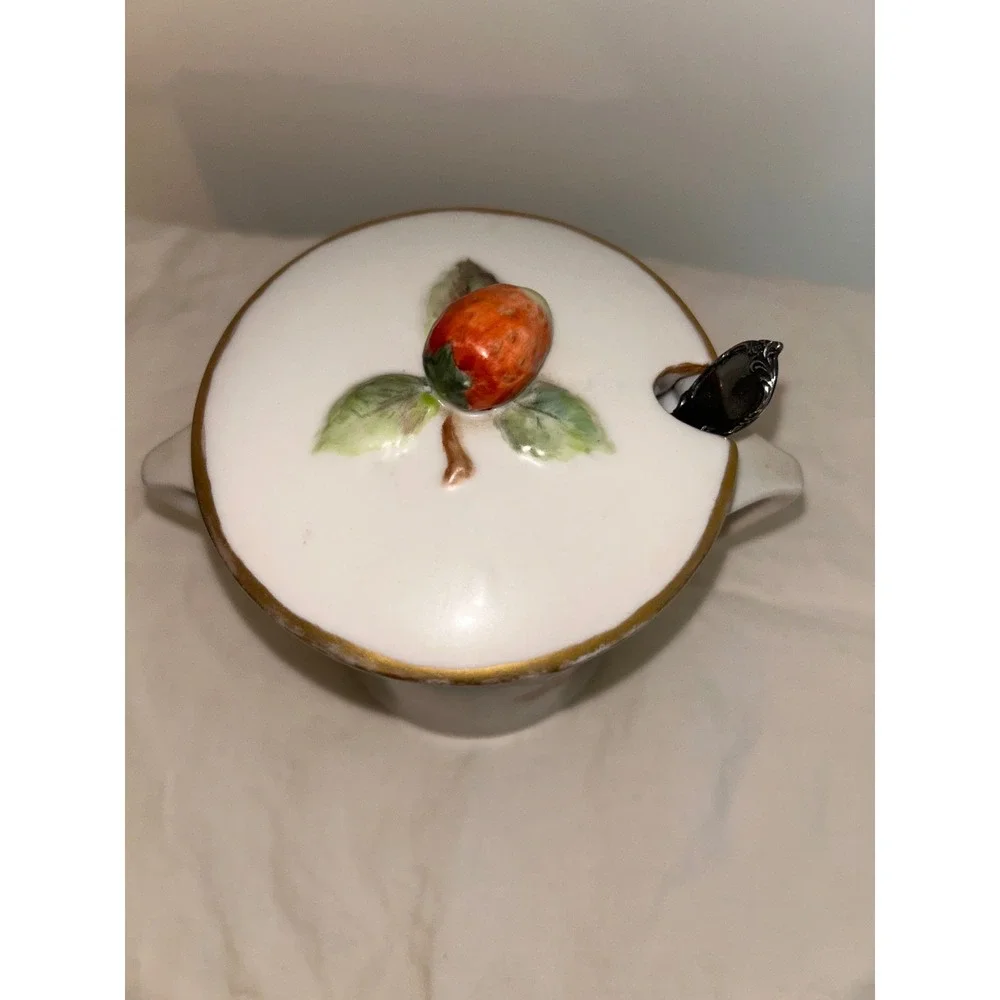 Vintage Hand Painted Strawberry Porcelain Jam Jar with Rogers Bros  With Spoon